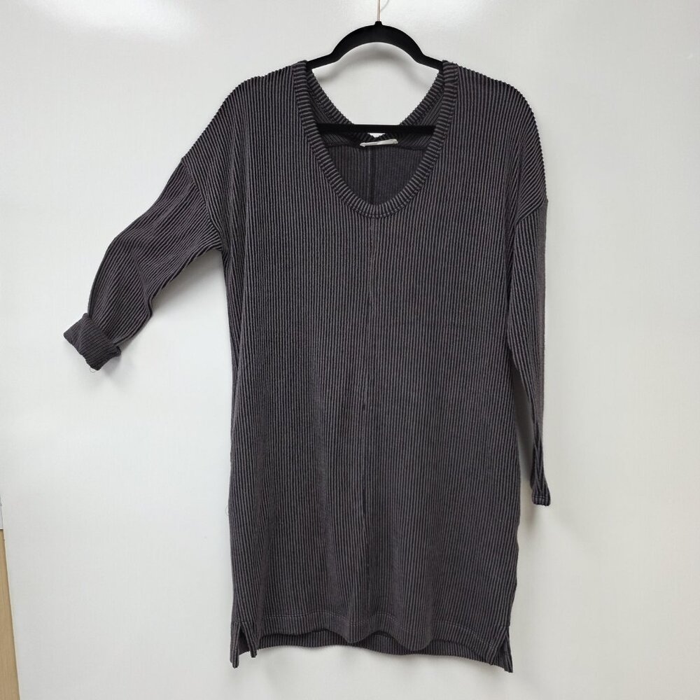 Lush Sweater Dress Womens XS Gray Ribbed Stripe Long Sleeve Short Lined Pockets
